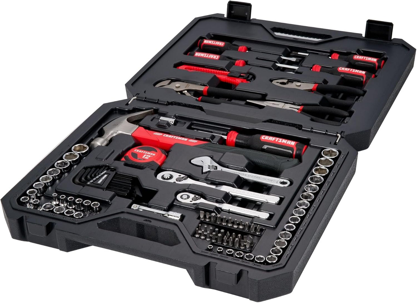 CRAFTSMAN Kit de herramientas de 102 piezas para el hogar y el automóvil, juego de herramientas manuales duraderas con juego de dados SAE y métricos, destornilladores, llave inglesa, martillo