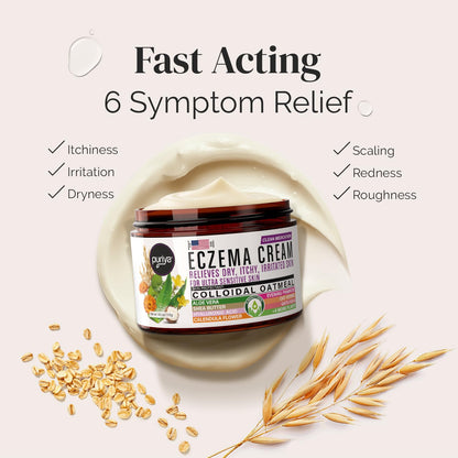 Puriya Crema de eccema 5 en 1 para niños, bebés, niños pequeños, adultos, loción avanzada de avena coloidal para alivio de la piel seca y con picazón en cara y cuerpo, tratamiento de eccema con