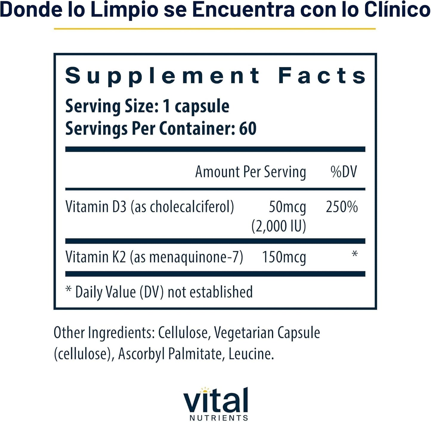 Vital Nutrients Vitamina D3 + K2 | 2000 UI | Suplemento de vitamina...
