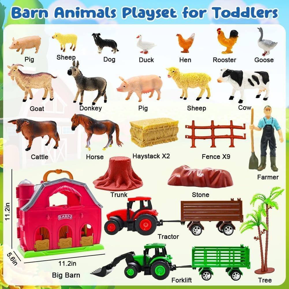 BOLZRA Farm Animals Big Red Barn Toy con Tractors Fence para Toddlers 1-5