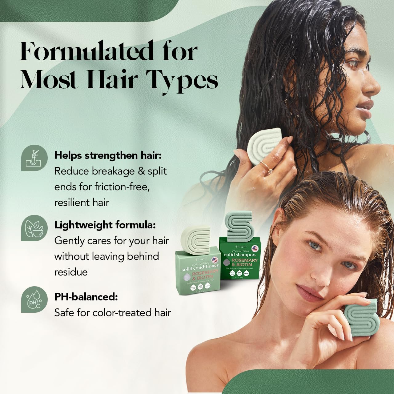 Kitsch Rosemary & Biotin Shampoo and Conditioner Set for Hair Growth - Barra de champú y acondicionador fortalecedor, espesante y voluminizadora, sin parabenos, sulfatos ni silicona, fabricado en Estados Unidos, paquete de 2