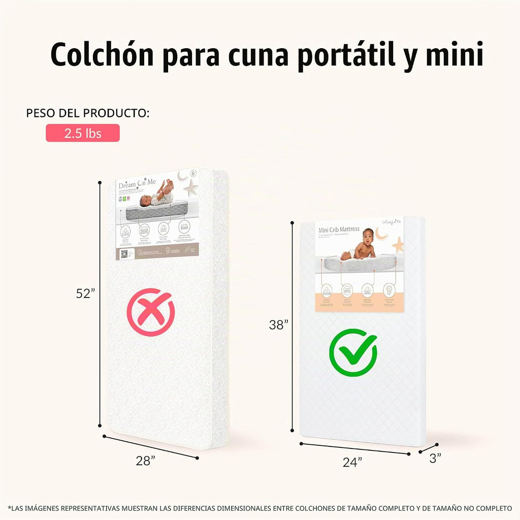 Colchón portátil Dream on Me 3 de tamaño reducido, para cuna, vinil...