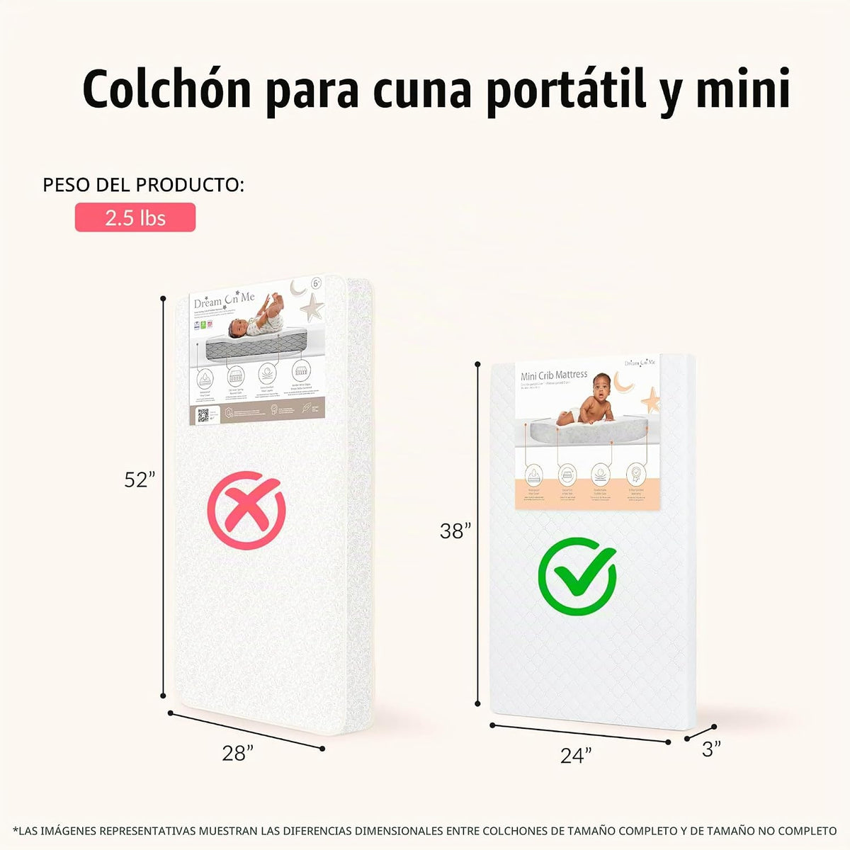 Colchón portátil Dream on Me 3 de tamaño reducido, para cuna, vinil...