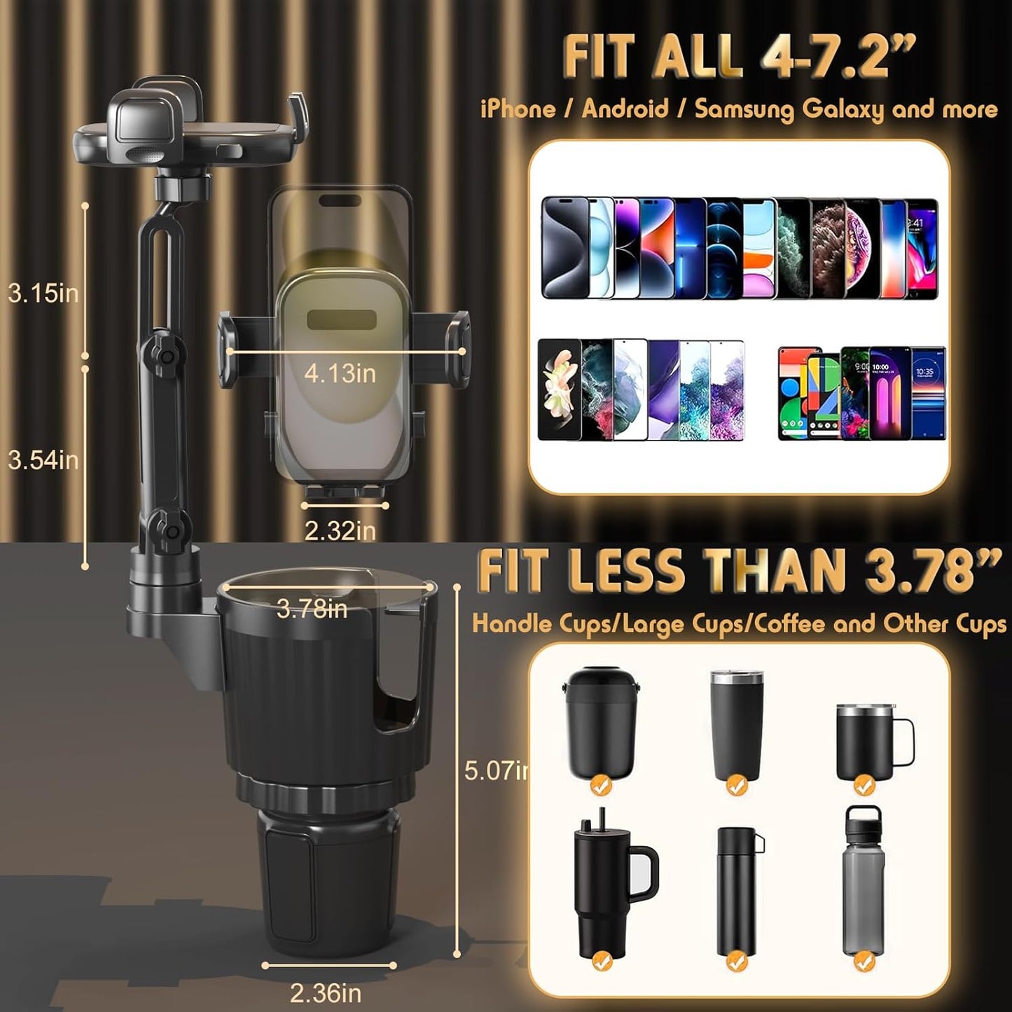 Soportes de teléfono para tu coche, expansor de portavasos universal 2 en 1 con base ajustable y soporte para teléfono, brazo largo con soporte de taza de rotación de 360° para teléfonos compatible