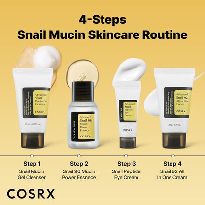 COSRX All About Snail Mucin - Juego de cuidado de la piel coreano, mini artículos esenciales de viaje, juego de regalo de tamaño de viaje con lavado facial de mucina de caracol, suero, crema hidratante y crema para ojos, kit rejuvenecedor