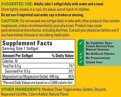 Nature Made, Magnesio de Alta Potencia 400 mg - 150 Cápsulas de Gel...