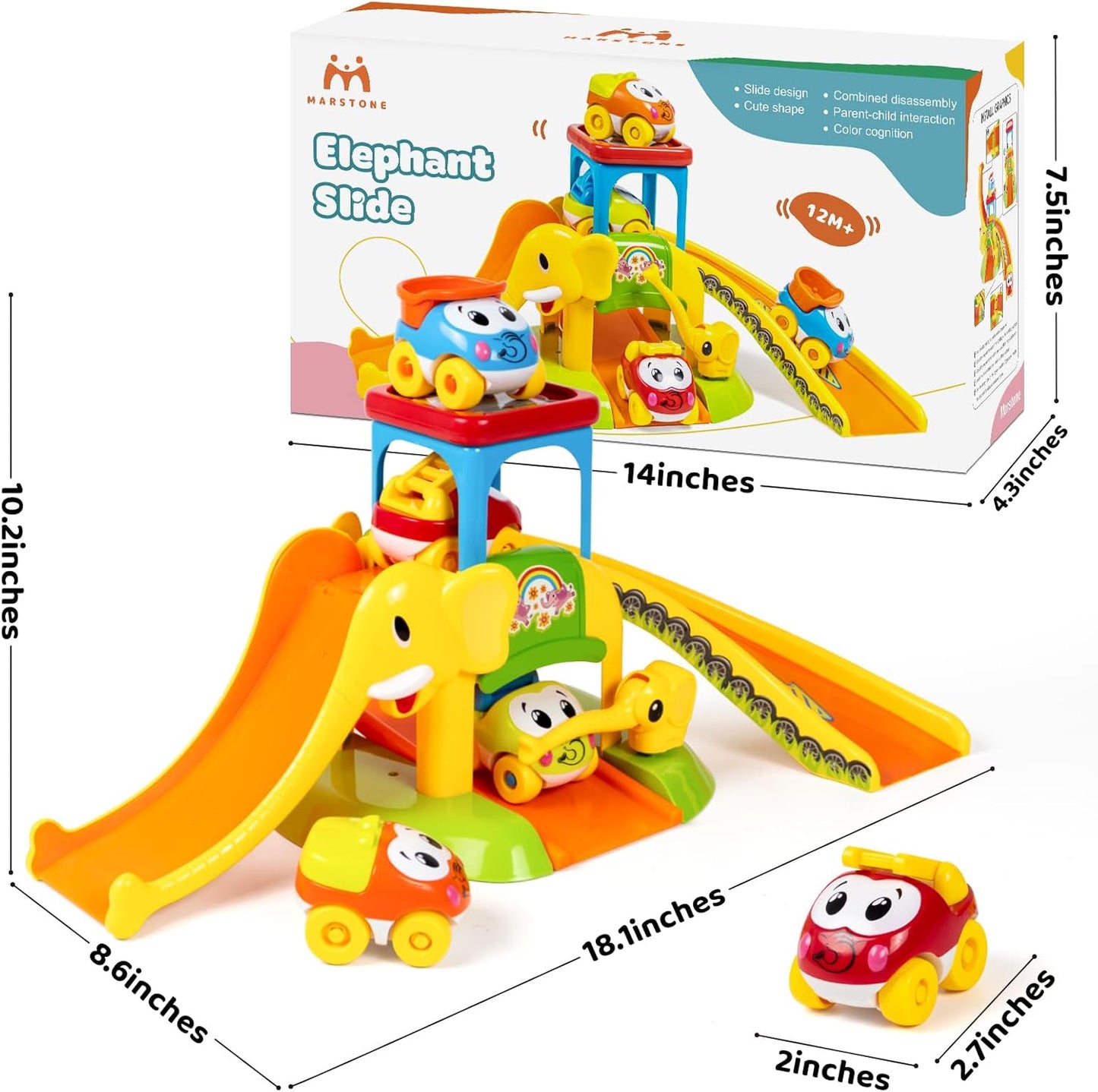 Marstone Juguetes para niños y niñas de 1 a 2 años: tobogán educativo de elefante con 4 juguetes de coche de animales para bebés de 12 a 18 meses, regalos de primer cumpleaños para niños, pistas de