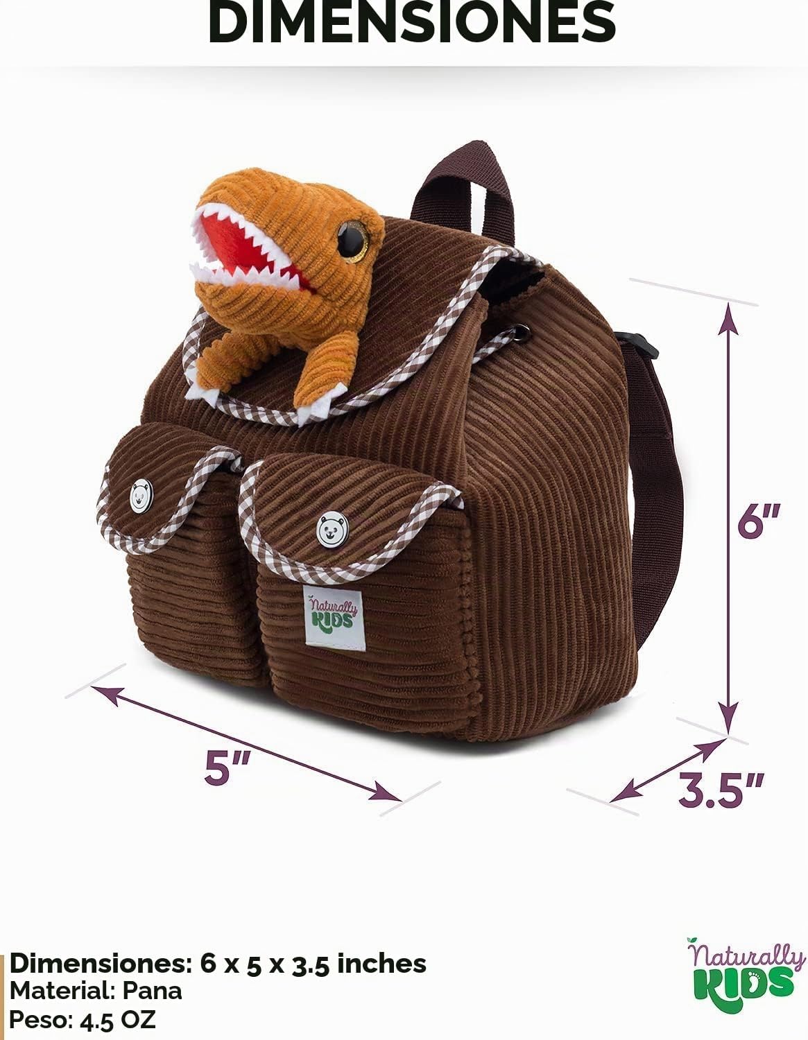 Naturally KIDS Mini mochila de dinosaurio marrón, regalo para niños...