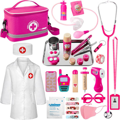 Kit médico para niños y niñas, 34 piezas para niños pequeños de 3 a 5 años con bolsa de almacenamiento médico y estetoscopio real, juego de simulación para niños y niñas, divertido juego de