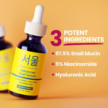 SeoulCeuticals K Beauty - Suero coreano al 5 % de niacinamida + mucina de caracol al 97.5 % + ácido hialurónico, cuidado de la piel coreano sin crueldad, suero facial antienvejecimiento natural y