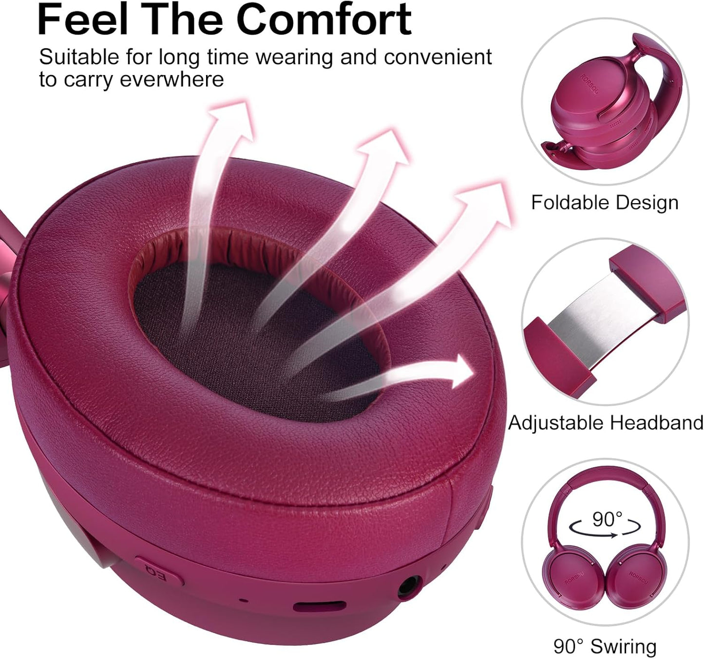 RORSOU Auriculares Bluetooth B8 sobre la oreja, 6 modos de música e...