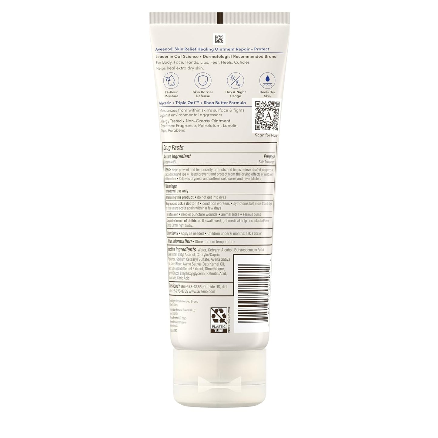 Aveeno Pomada curativa para aliviar la piel, protector de piel de 72 horas con triple avena y manteca de karité para piel extra seca, agrietada y sensible, sin fragancia y multiusos para labios, 7.2