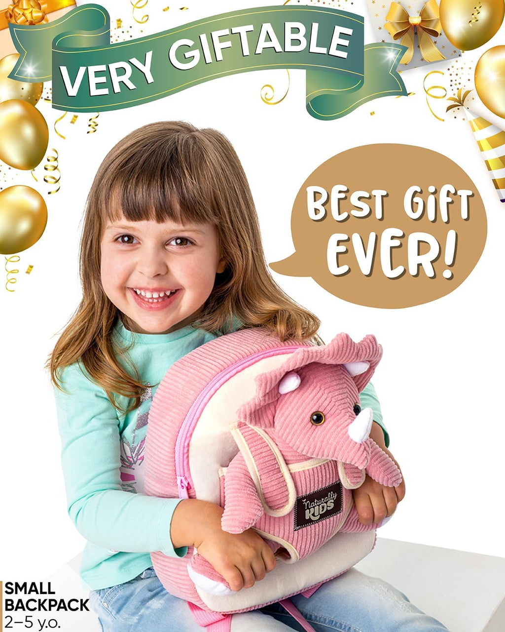 Naturally KIDS Mochila para niños pequeños con peluche rosa Tricera...