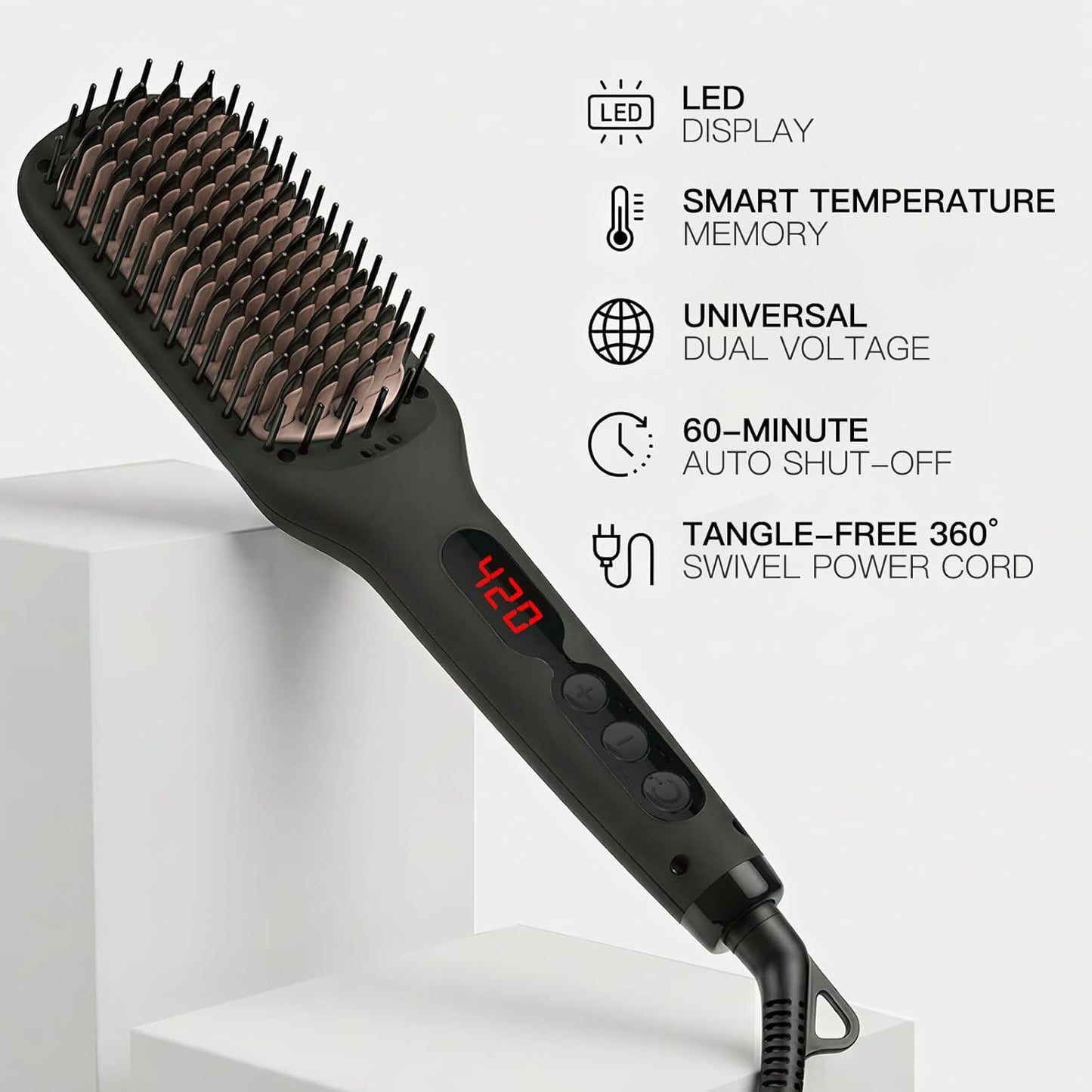 MEGAWISE Cepillo alisador de pelo iónico Pro Ceramic para salón en casa, cepillo alisador con tecnología de calefacción de 20 segundos, apagado automático, antiquemaduras con doble voltaje universal