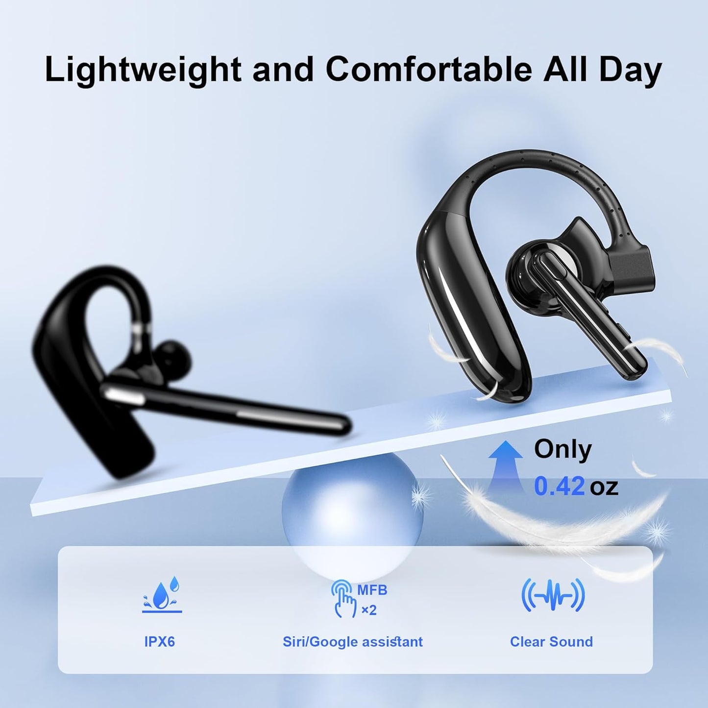 IAMJOY Auriculares Bluetooth Dual-Mic V5.4 Auricular Bluetooth inalámbrico con cancelación de ruido, auriculares manos libres, 14 horas de tiempo de conversación, 140 horas de espera para camionero, oficina, conducción