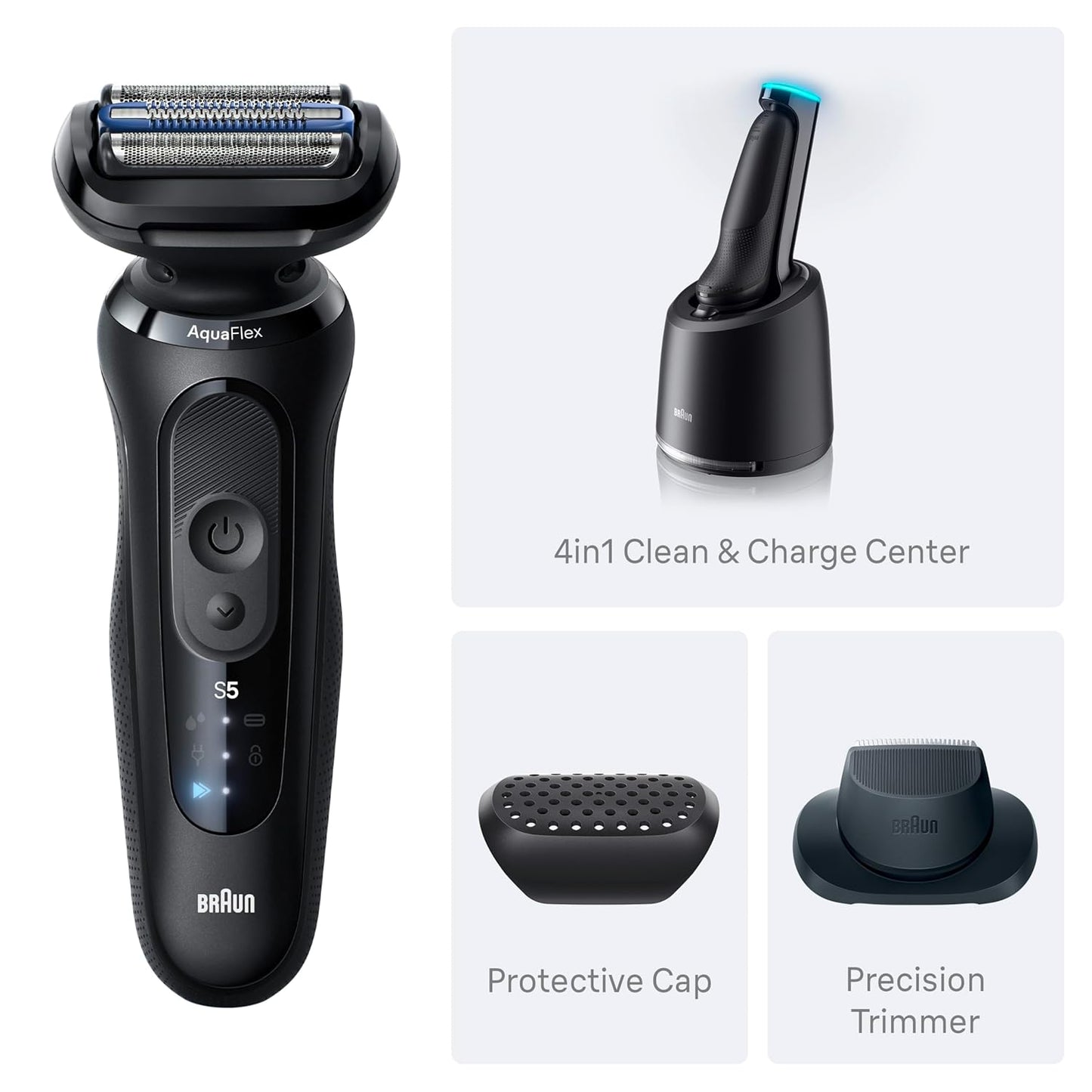 Braun Maquinilla de afeitar eléctrica para hombres Serie 5, afeitadora de barba, afeitadora eléctrica, recortadora de precisión, centro de limpieza y carga 4 en 1, S5 5160cc