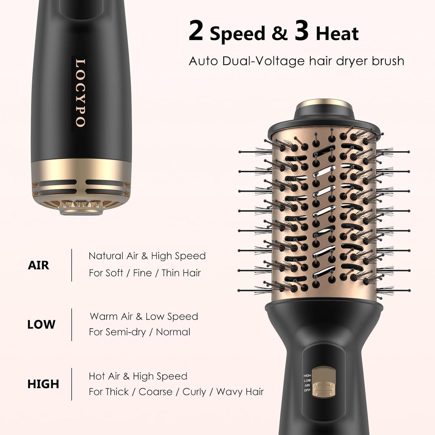 Cepillo secador de pelo de viaje, 4 en 1 automático de doble voltaje (100-240 V), cepillo de aire caliente de 2 pulgadas, mini cepillo secador de pelo y estilizador para cabello suave y voluminoso