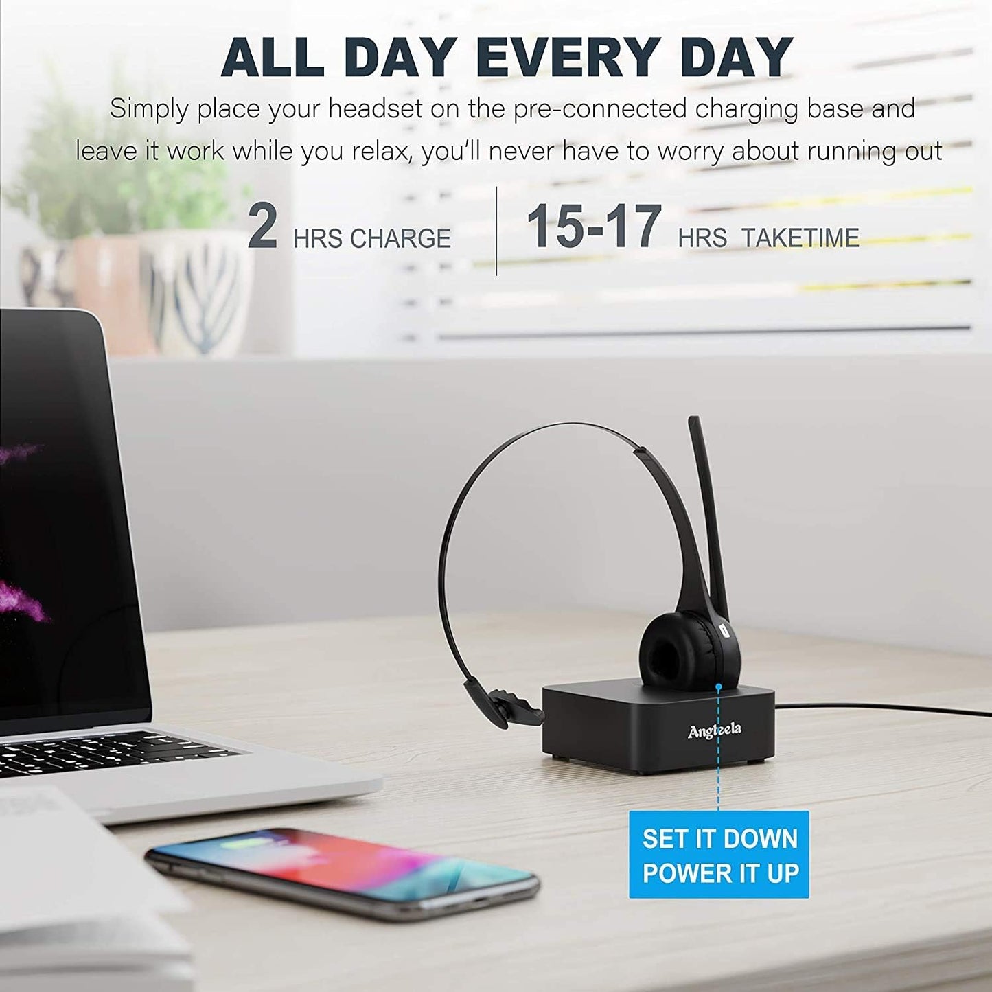 Trucker - Auriculares Bluetooth con micrófono, auriculares inalámbricos para teléfono celular con cancelación de ruido, base de carga, función de silencio para el hogar, oficina, centro de