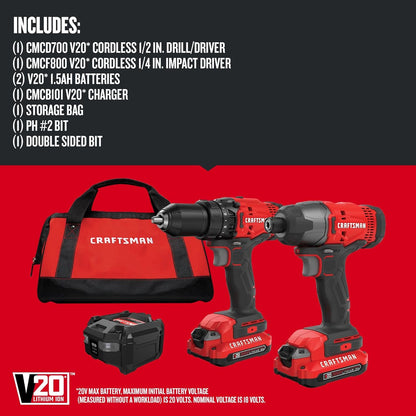 CRAFTSMAN V20 MAX - Taladro inalámbrico y destornillador de impacto...