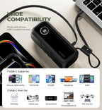 Dexnor Banco de energía 3 en 1, batería de 15,000 mAh con salida de 65 W, enchufe de CA plegable, cable de mango USB integrado, compatible con carga rápida PD3.0 y PPS, cargador portátil elegante para