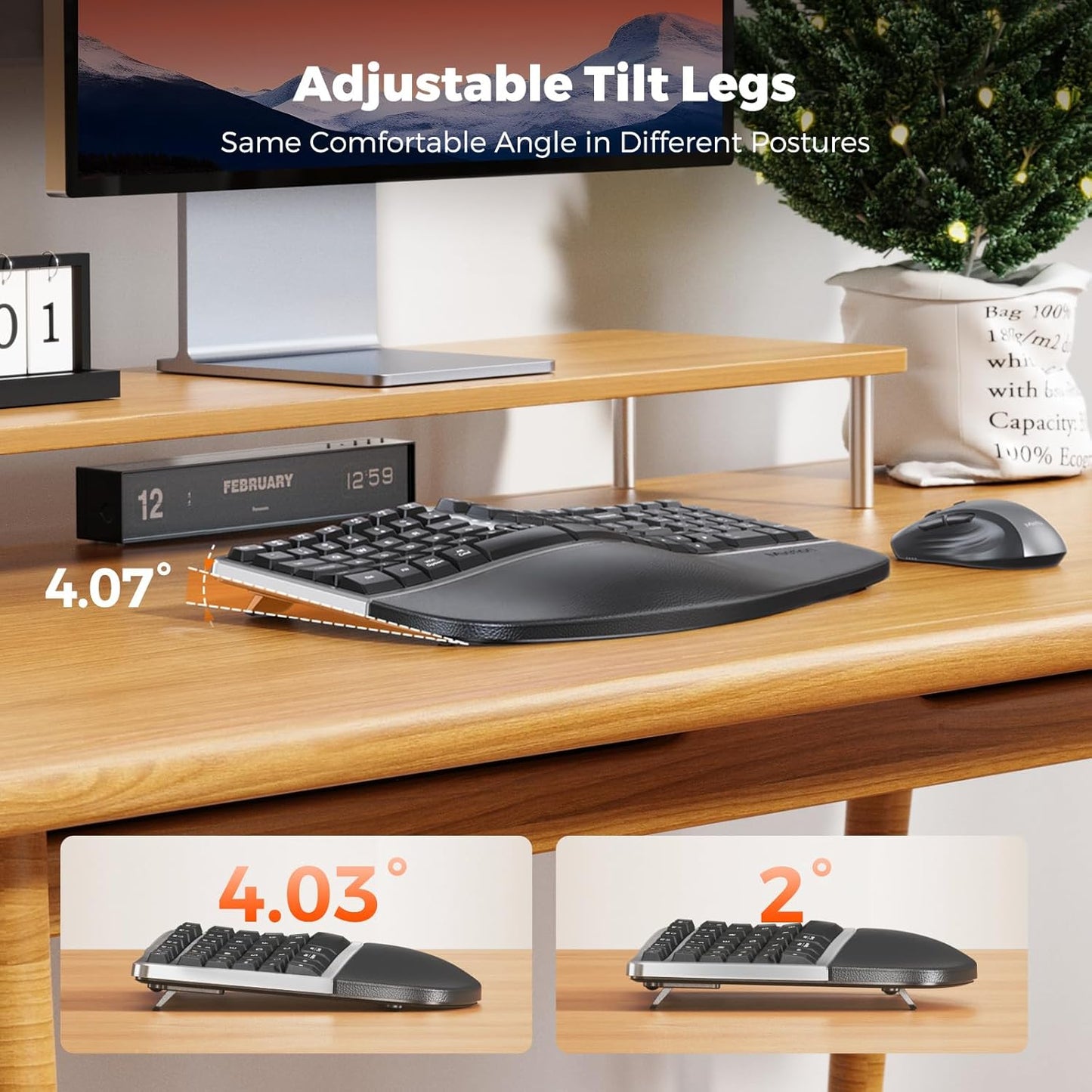 MEETION Combo ergonómico de teclado y mouse inalámbrico, teclado compacto curvado de 2.4 G con reposamanos acolchado, mouse inalámbrico ajustable de 4 niveles DPI para Windows/Mac/Escritorio/PC