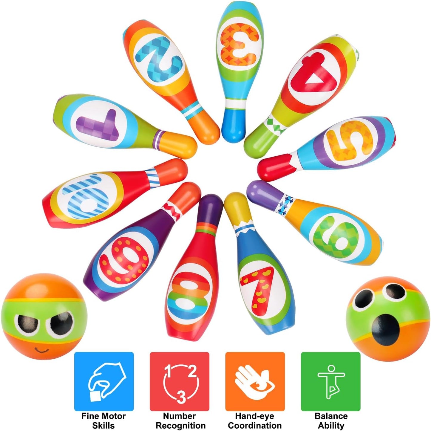 Juego de bolos para niños AugToy 2-5 años, juego de bolos de interior suave para niños de 1, 2, 3, 4 años, niños y niñas, 10 pines de bolos de espuma coloridos, 2 bolas de bolos, juego sensorial de