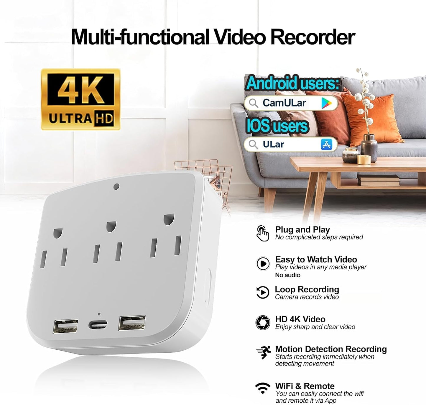 ULar Cargador de pared de cámara de salida 4K para interiores, moni...