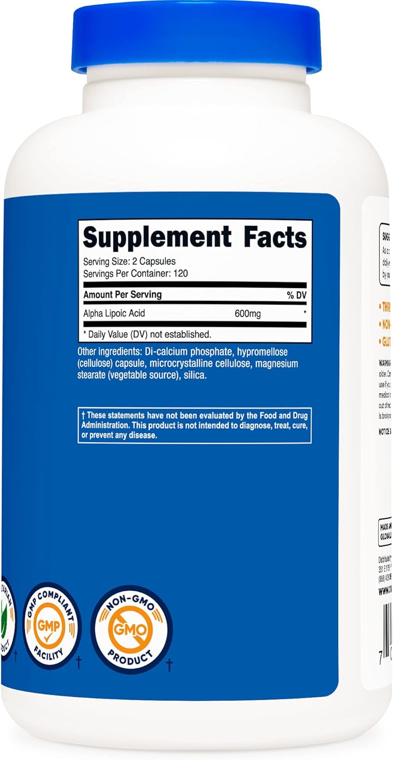 Suplemento Nutricost Ácido Alfa Lipoico, 0.02 oz por porción, 120 p...