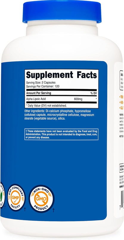 Suplemento Nutricost Ácido Alfa Lipoico, 0.02 oz por porción, 120 p...