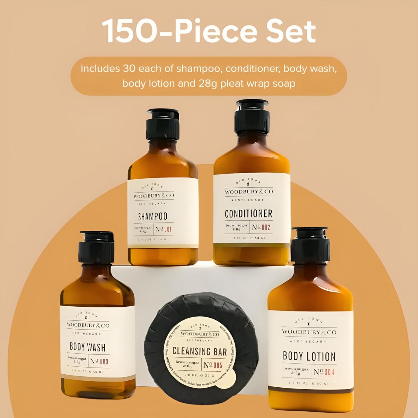 WOODBURY & CO Champú acondicionador tamaño viaje loción y jabón de baño (150 unidades, 1.7 onzas cada uno), artículos de tocador esenciales para el baño de invitados, minijuegos de higiene Airbnb a granel, kits de higiene sin parabenos, artículos de tocad