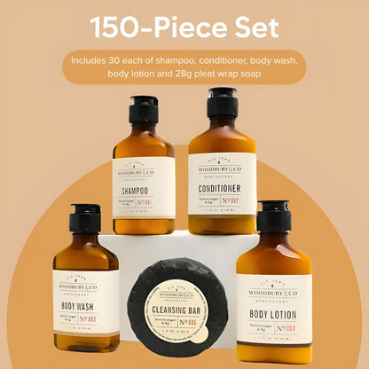 WOODBURY & CO Champú acondicionador tamaño viaje loción y jabón de baño (150 unidades, 1.7 onzas cada uno), artículos de tocador esenciales para el baño de invitados, minijuegos de higiene Airbnb a granel, kits de higiene sin parabenos, artículos de tocad