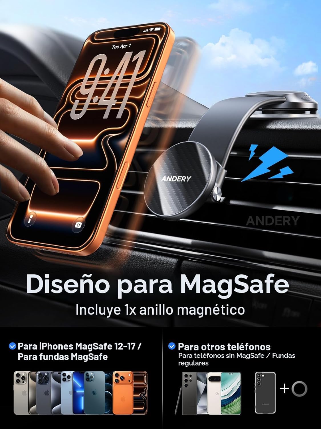ANDERY Soporte de teléfono de coche para MagSafe [brazo de aleación...