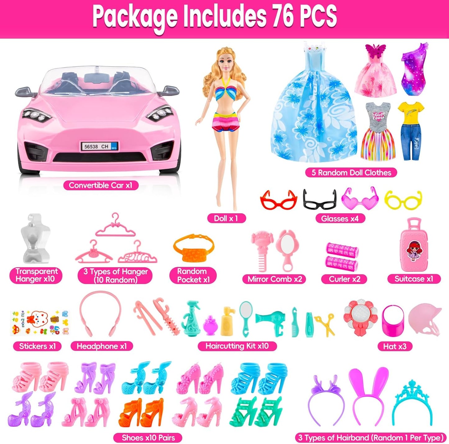 Juego de 76 piezas de muñeca y automóvil convertible, incluye muñec...