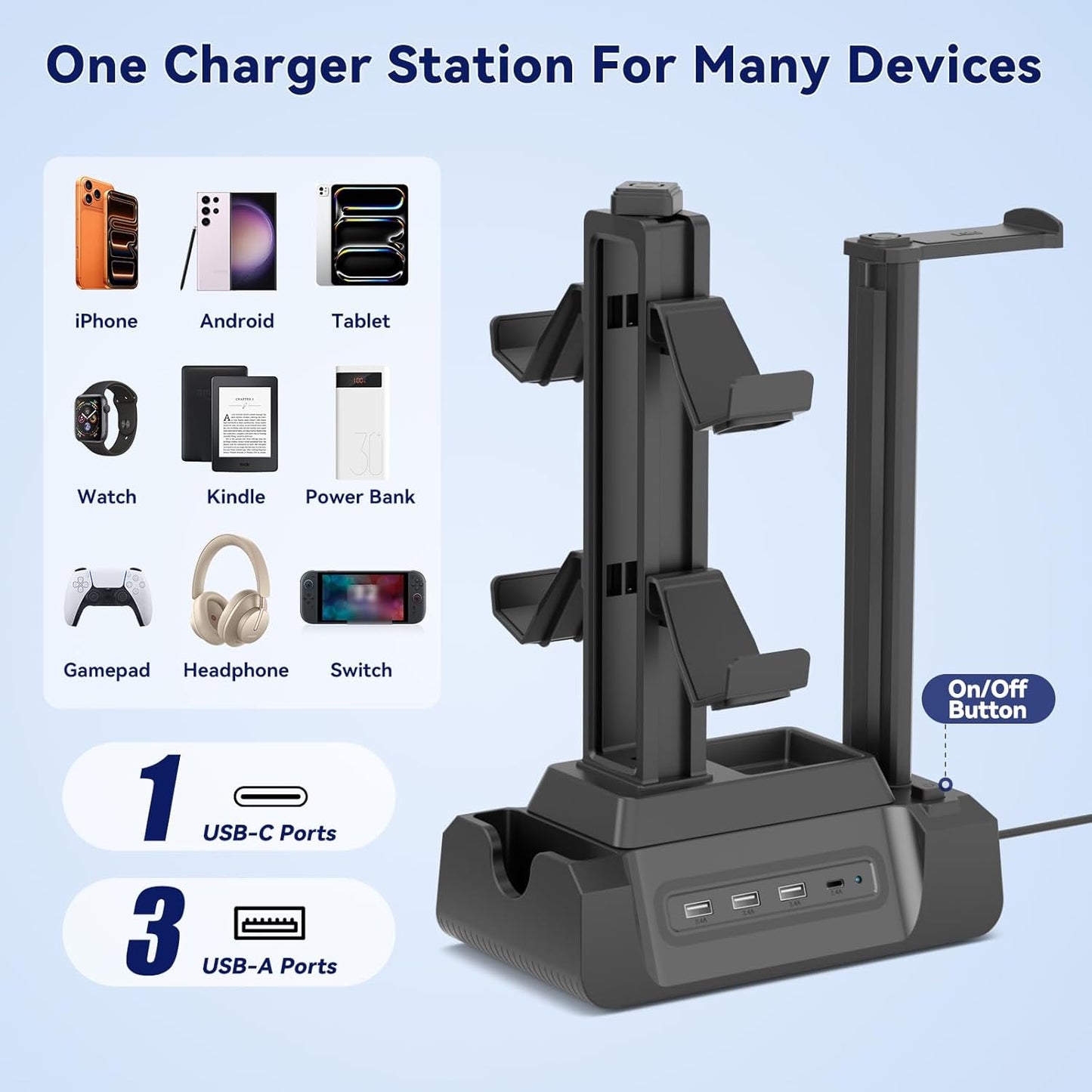 KDD Estación de carga para múltiples dispositivos - Base de carga de 4 puertos con controlador y soporte para auriculares - 3 USB A y 1 USB C para teléfono celular, tableta y otros dispositivos