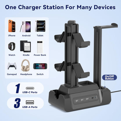 KDD Estación de carga para múltiples dispositivos - Base de carga de 4 puertos con controlador y soporte para auriculares - 3 USB A y 1 USB C para teléfono celular, tableta y otros dispositivos