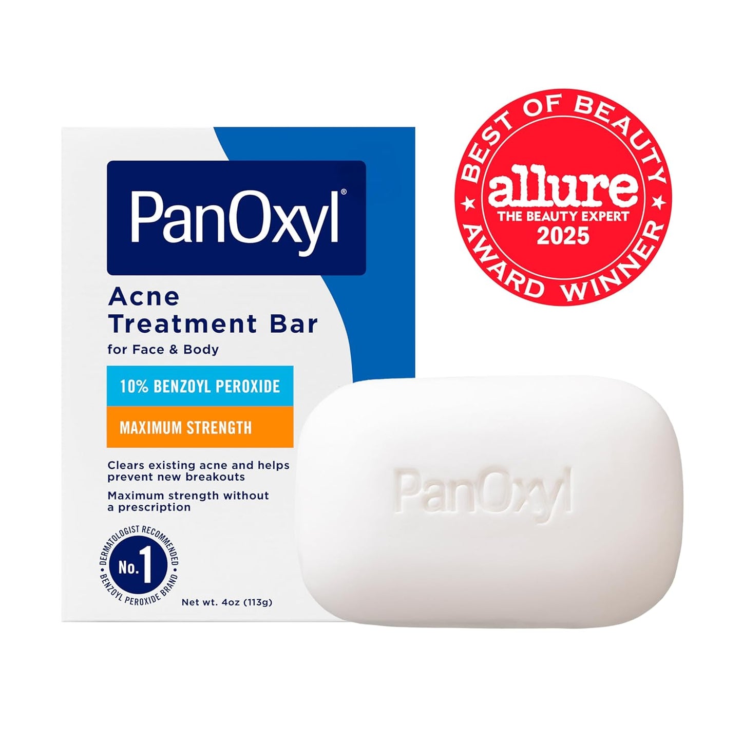 PanOxyl Barra de tratamiento para el acné con peróxido de benzoilo al 10%, barra de acné de fuerza máxima para cara, pecho y espalda, limpiador corporal sin jabón, trata espinillas de acné, puntos