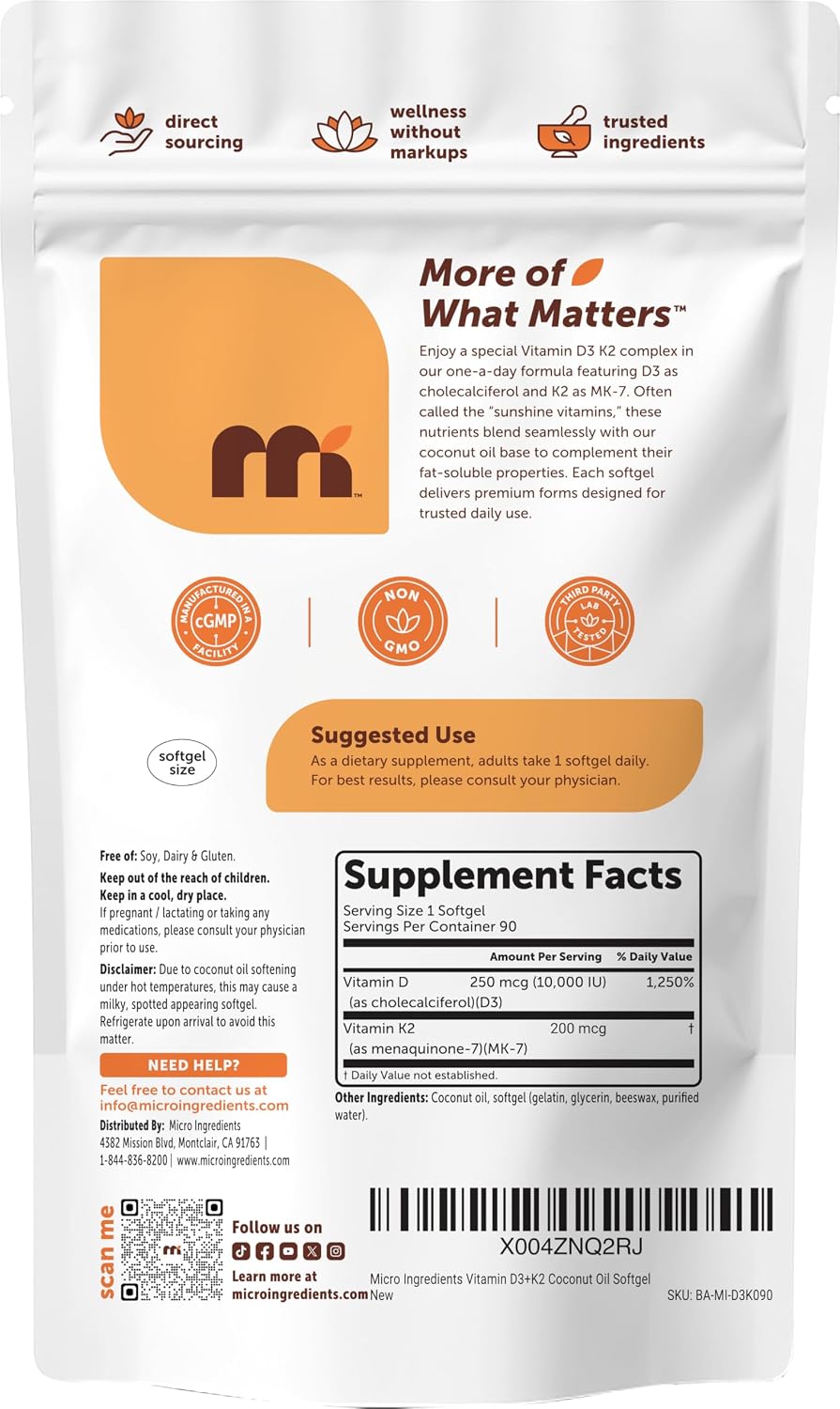 Micro Ingredients Vitamina D3 10,000 UI + K2 MK-7 200 mcg por porci...