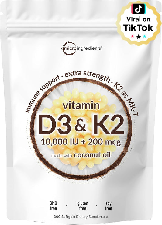 Micro Ingredients Vitamina D3 10,000 UI + K2 MK-7 200 mcg, 300 cáps...