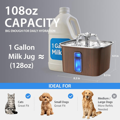 Veken Fuente de agua de acero inoxidable para gatos, fuente automát...