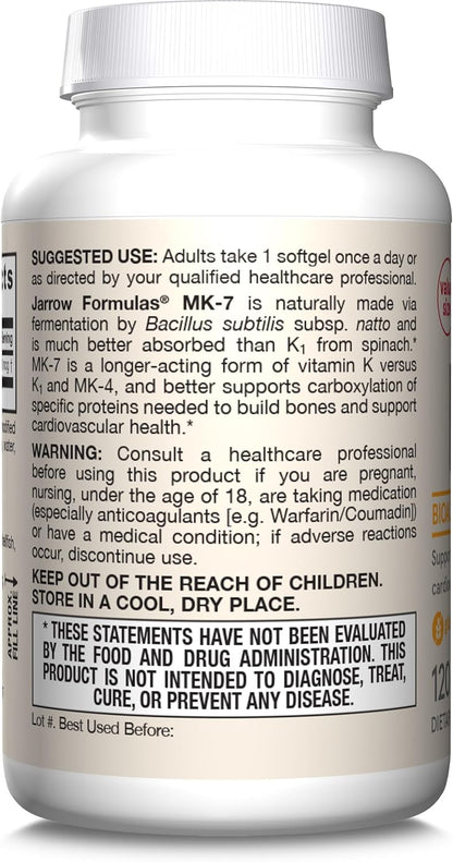 Jarrow Formulas MK-7 90mcg - Forma Bioactiva de VIT K2 - 120 Porcio...
