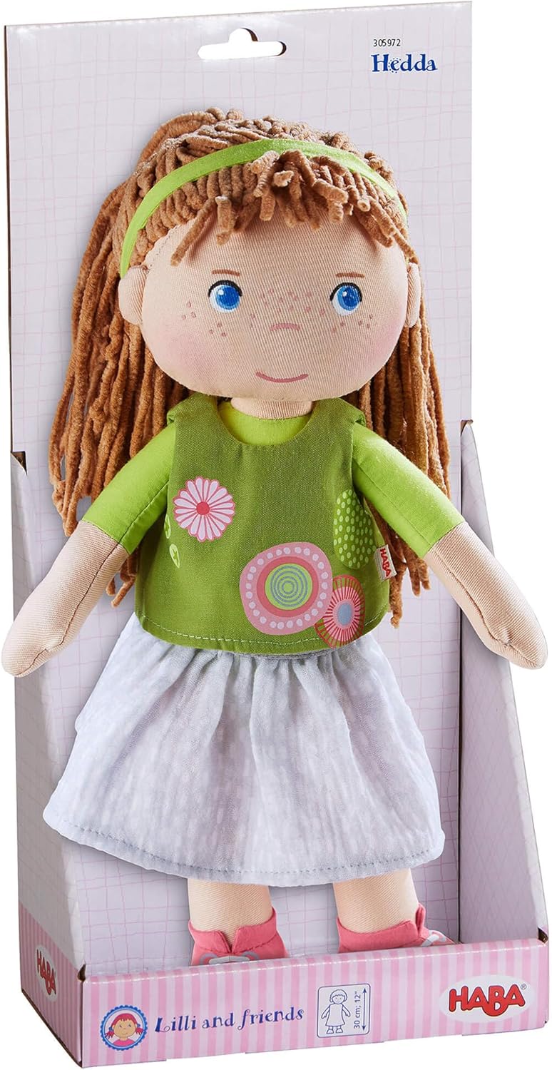 HABA Muñeca de bebé blanda de 12" Hedda con cabello marrón, ojo...