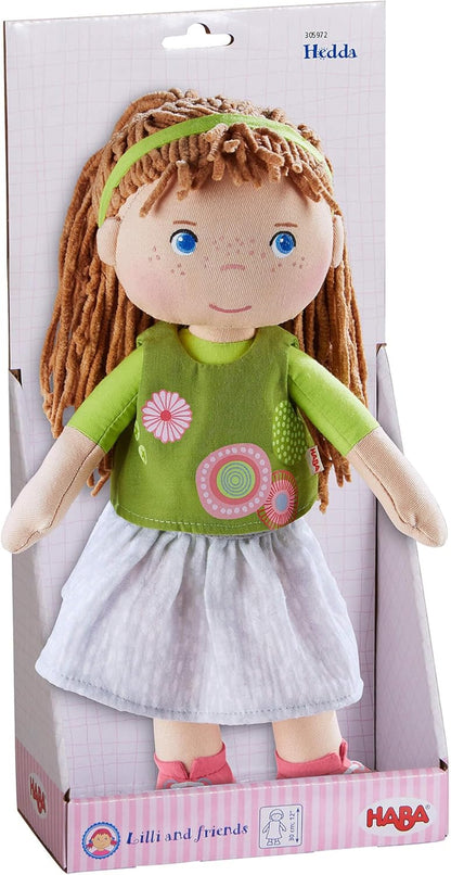 HABA Muñeca de bebé blanda de 12" Hedda con cabello marrón, ojo...