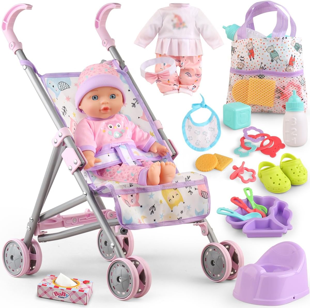 Muñeca de bebé con juego de cochecito para juego de simulación real...
