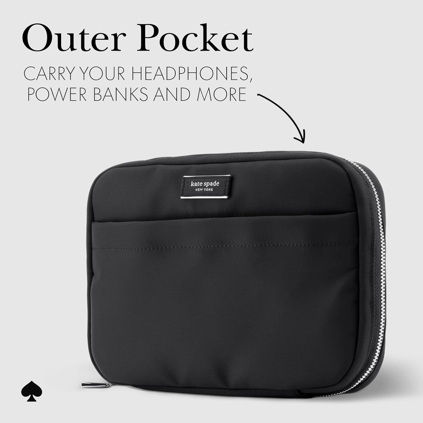 Kate Spade New York Bolso organizador técnico de nylon - Organizador de cables electrónicos, estuche de viaje para cargadores, banco de energía, AirPods y accesorios - Negro con firma