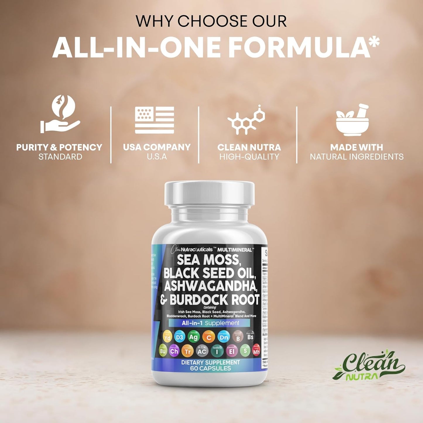 Clean Nutraceuticals Musgo Marino Aceite de Semilla Negra Ashwagand...