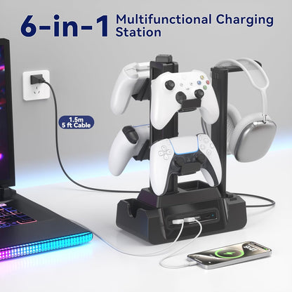 KDD Estación de carga para múltiples dispositivos - Base de carga de 4 puertos con controlador y soporte para auriculares - 3 USB A y 1 USB C para teléfono celular, tableta y otros dispositivos