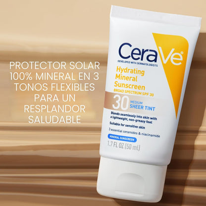 CeraVe Protector solar mineral hidratante SPF 30 con tinte transpar...