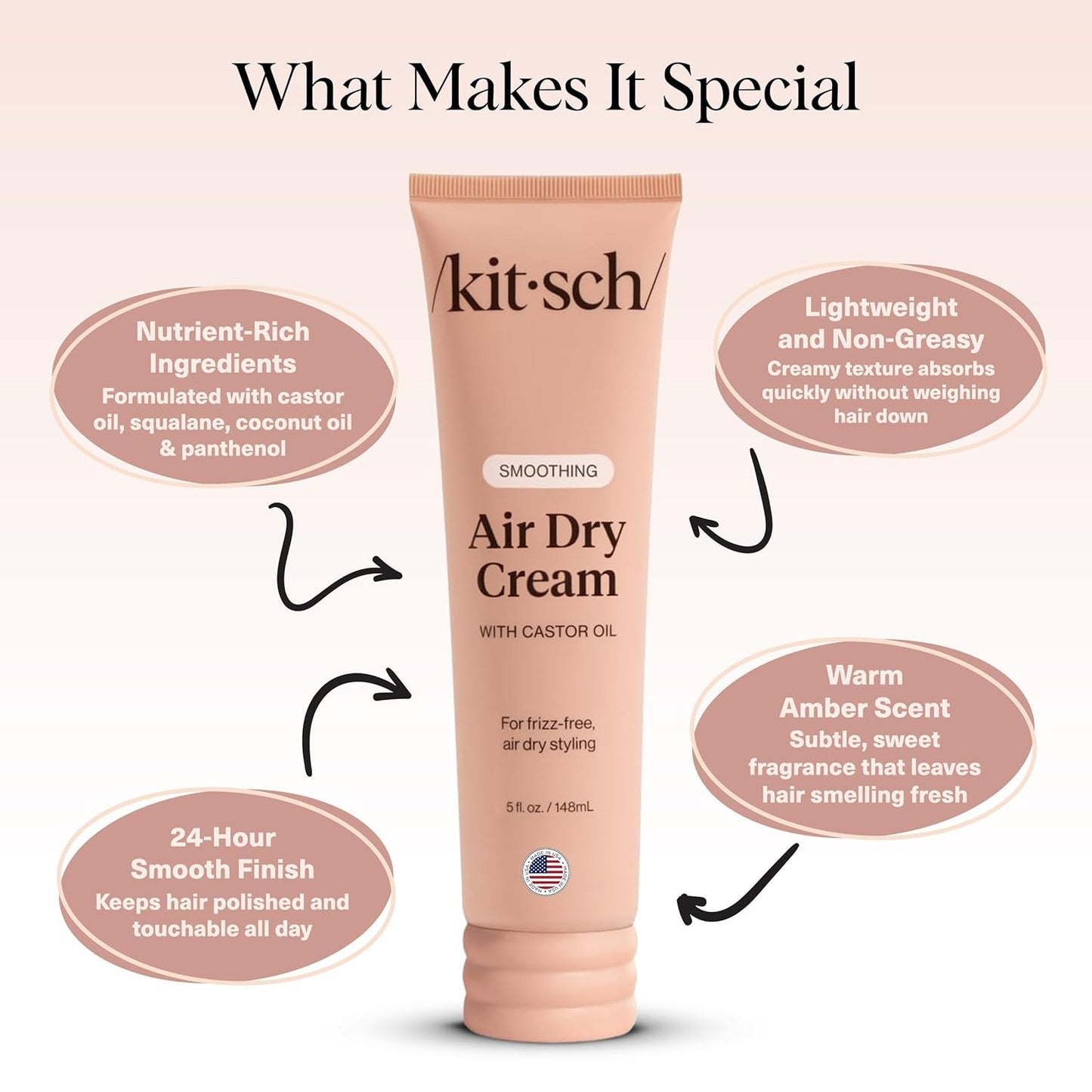 Kitsch Crema suavizante de secado al aire para el cabello, producto para el cuidado del cabello con aceite de ricino y aceite de coco, crema de peinado sin peso, mejora la apariencia de la textura