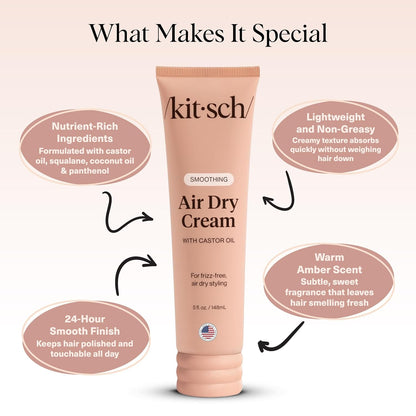 Kitsch Crema suavizante de secado al aire para el cabello, producto para el cuidado del cabello con aceite de ricino y aceite de coco, crema de peinado sin peso, mejora la apariencia de la textura