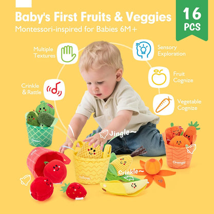 Hahaland Juguetes sensoriales para bebés - 16 piezas Mi primera fruta Verdura Clasificación de color de alimentos de juego crujiente, sonajero, juguetes para bebés 6-12 meses Juguetes Montessori para